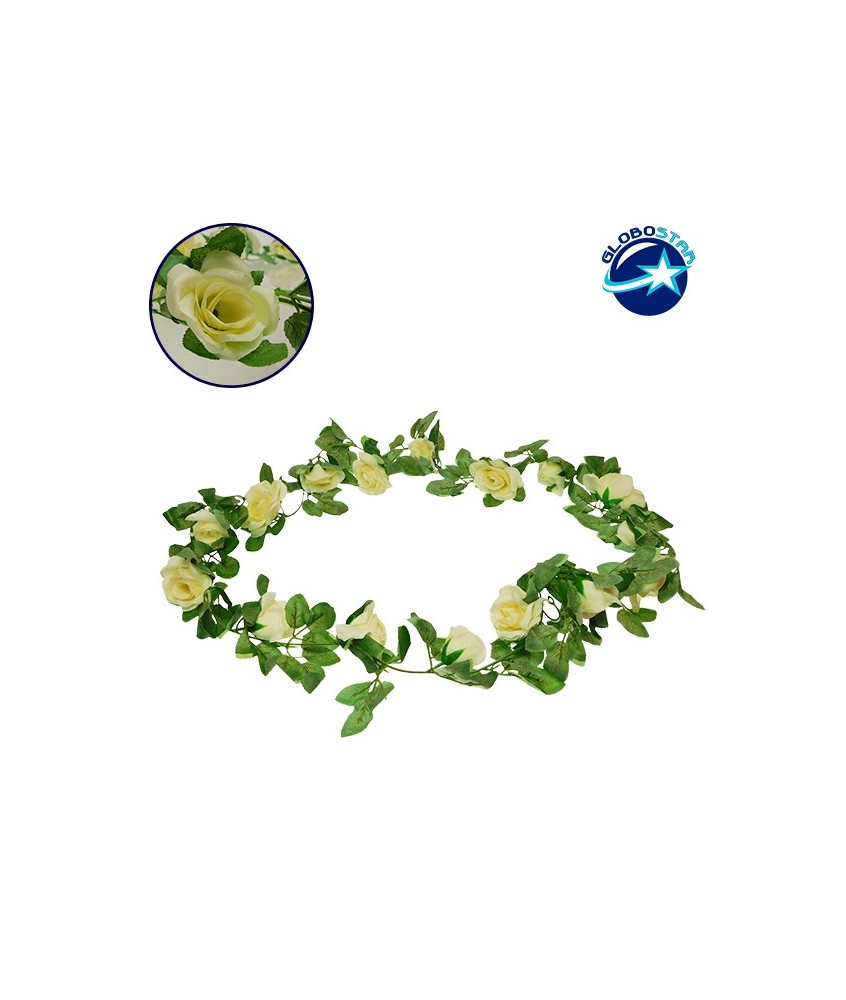 GloboStar® 09005 Τεχνητό Κρεμαστό Φυτό Διακοσμητική Γιρλάντα Μήκους 2 μέτρων με 16 X Μεγάλα Τριαντάφυλλα Λευκά